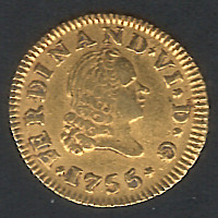 1755 1/2 Escudo King Ferdinand VI Gold AU58 Coin
