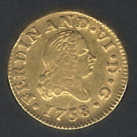 1758 1/2 Escudo King Ferdinand VI Gold AU58 Coin