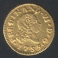 1759 1/2 Escudo King Ferdinand VI Gold AU58 Coin