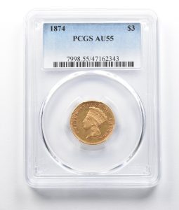 1874 $3 Indian Head Princess Gold AU55 Certified Coin