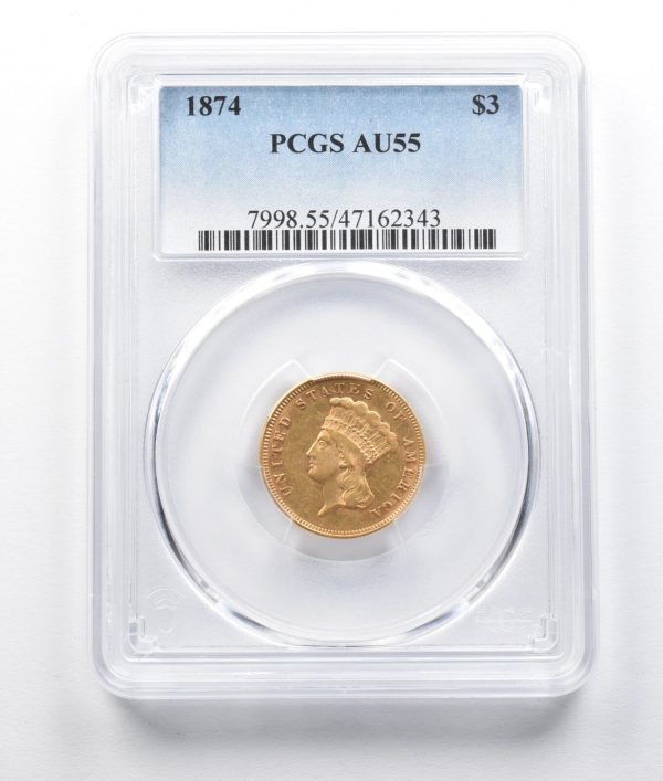 1874 $3 Indian Head Princess Gold AU55 Certified Coin