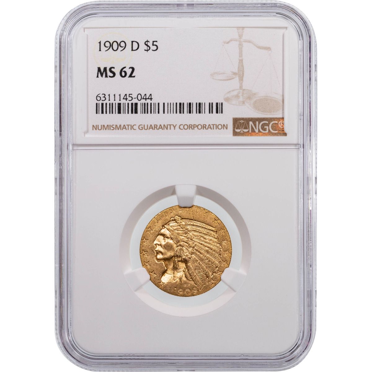 1909 D $5 Indian Head Half Eagle Gold Certified MS62 Coin
