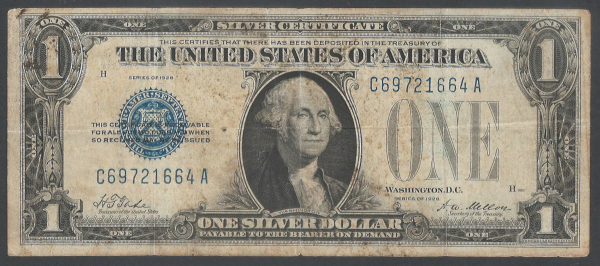 1928 $1 Silver Certificate VG G. Washington Note