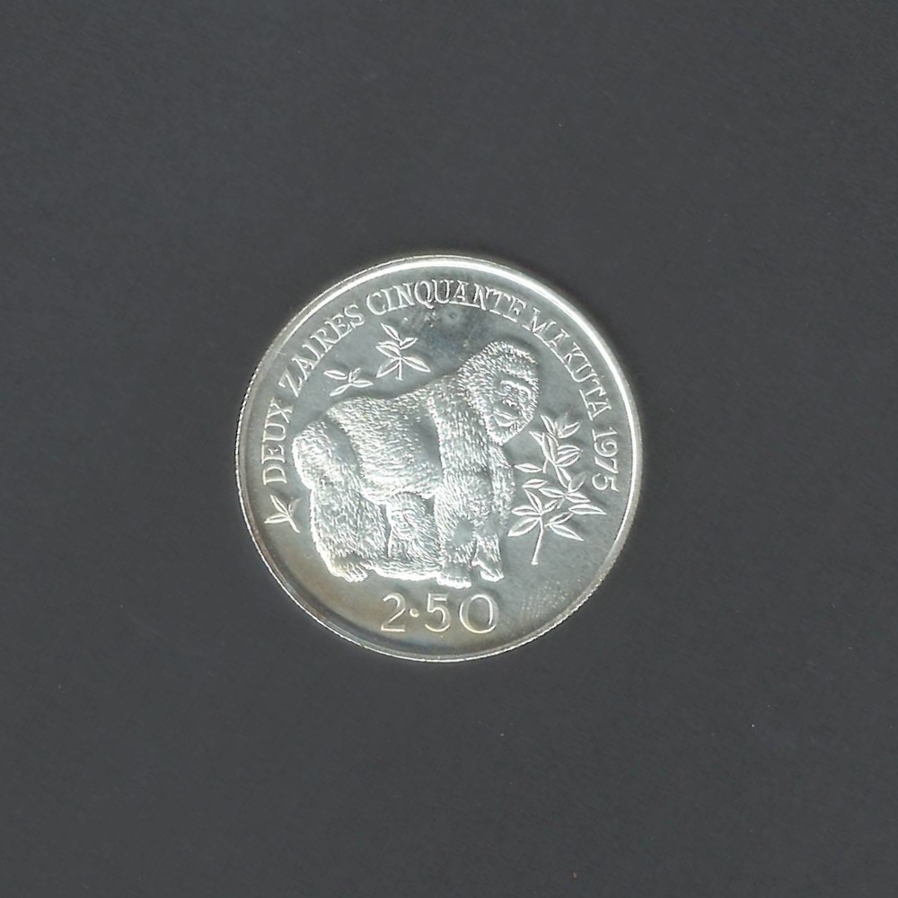 1975 Conservation 2.5 Zaires Mountain Gorillas Silver Proof UNC Zaire Coin