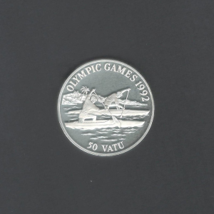 1992 50 Vatu Vanuatu Canoes Silver Proof Llantrisant, United Kingdom Coin