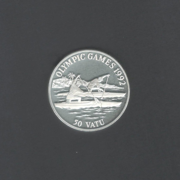 1992 50 Vatu Vanuatu Canoes Silver Proof Llantrisant, United Kingdom Coin