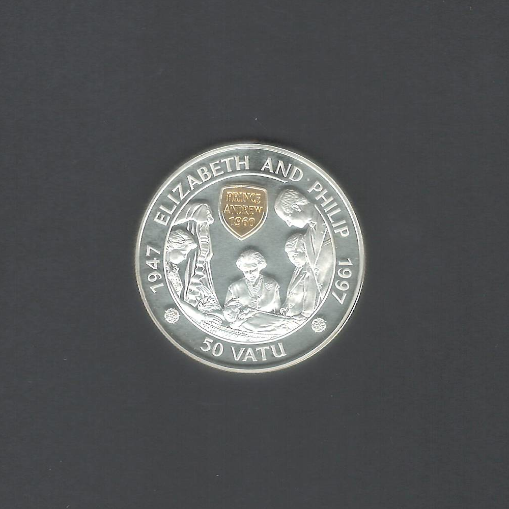 1997 50 Vatu Vanuatu Crown Silver Proof UNC Gold-Plated Shield on Reverse Coin