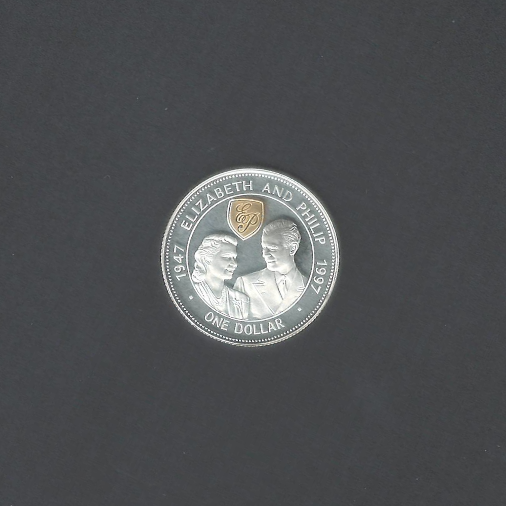 1997 Elizabeth and Philip - Caribbean / Barbados $1 Golden Wedding Proof W/ COA .925 Silver With 22 Carat Gold Cameo 10.24 gm Coin
