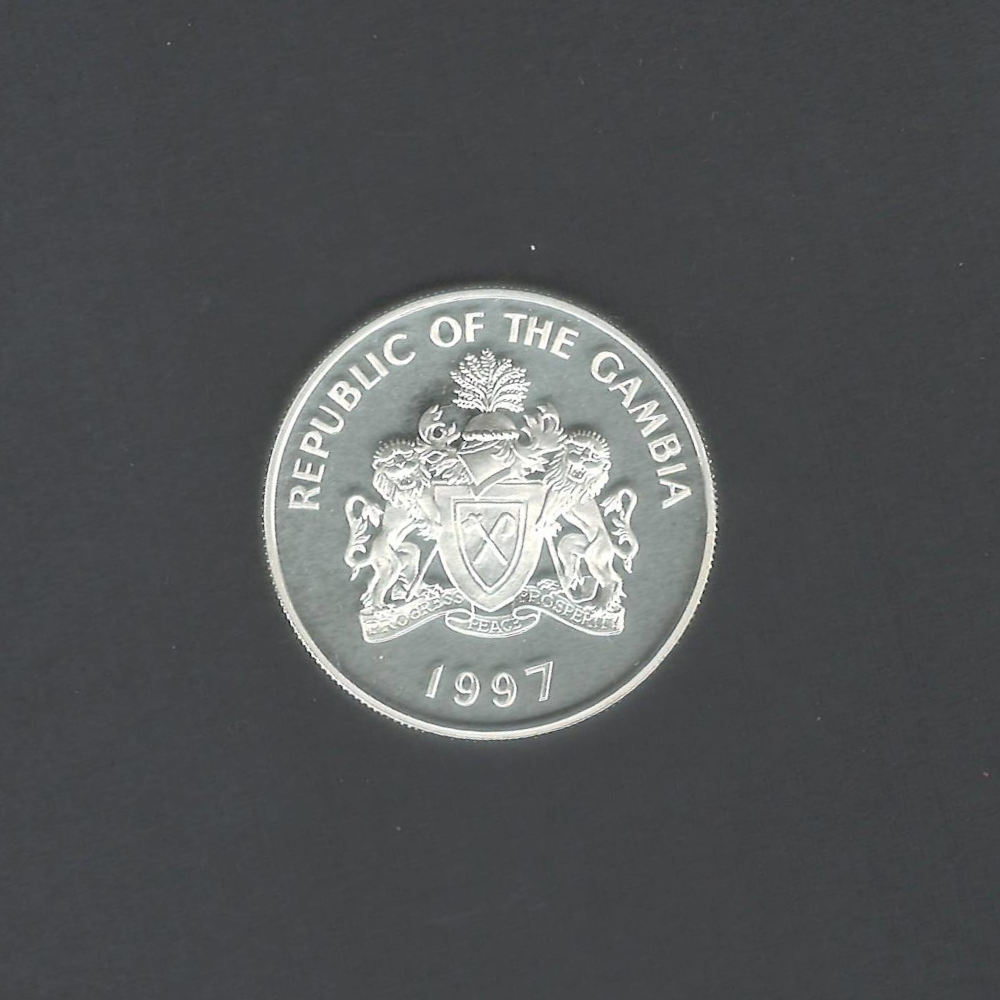 1997 Gambia 10 Dalasis Elizabeth & Philip Golden Wedding Proof UNC Coin