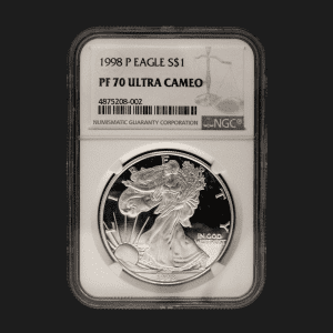 1998 $1 American Silver Eagle Dollar PF70 / Ultra Cameo Certified Slab