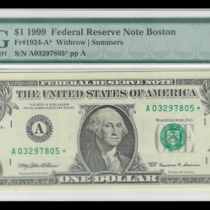 1999 Star $1 Certified Federal Reserve Note! A Star GEM UNC 66 PMG New G. Washington Note
