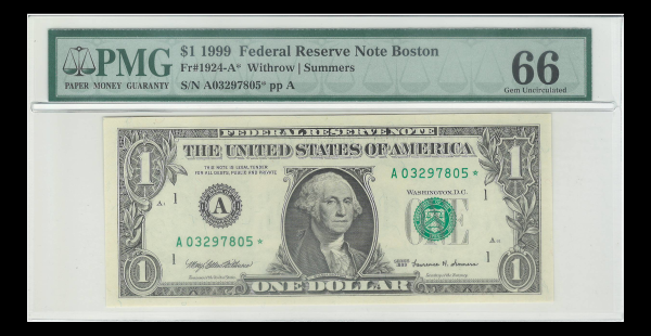 1999 Star $1 Certified Federal Reserve Note! A Star GEM UNC 66 PMG New G. Washington Note