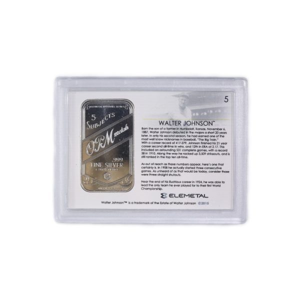 1oz Silver Bar T-206 Walter Johnson (Yellow Background) Baseball Greats Series #5 New / Sealed Comes in Special Plastic type container! Great for Collectors!