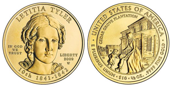 2009 First Spouses W / West Point $10 Letitia Tyler Gold MS70 / Certified Coin / Slab