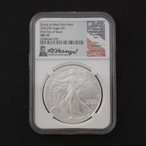 2022 $1 American Silver Eagle Dollar First Day of Issue! MS70 / BU Certified NGC / Ron Harrigal Signed Slab
