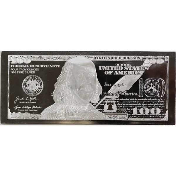 4 Ounce Silver Bar ($100 Currency Design) ! 4 oz Bullion