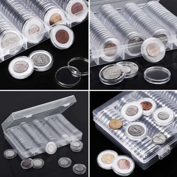 Coin Capsules Storage Fits 20 mm to 30 mm (100 Pcs) - This comes with knock out rings to fit 20 mm to 30 mm coins! - Comes in a Clear Plastic Carry Box!