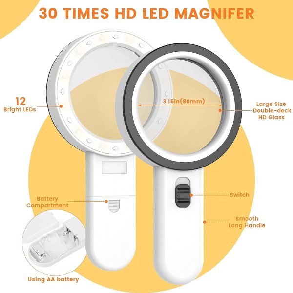 Magnifying Glass w/ Light 30X Handheld White