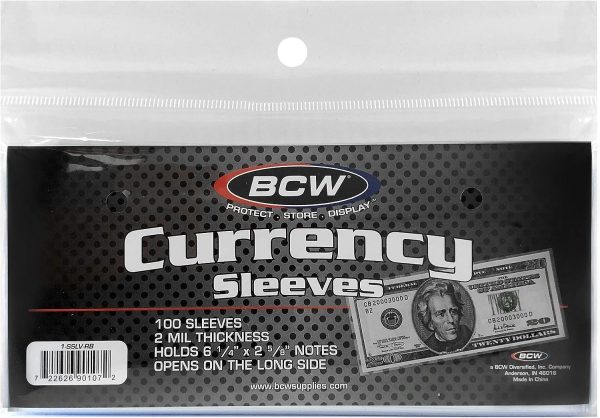 U.S. Currency Clear Single Sleeves for Regular Bills! ‎Polypropylene 100 Count / opens on the long side