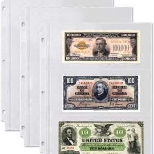 Dunwell Binder 3-Pocket Clear Plastic Currency Pages For Bills (25 Pack) - Side Loading Pockets!