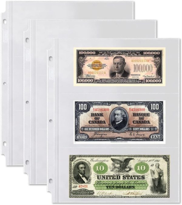 Dunwell Binder 3-Pocket Clear Plastic Currency Pages For Bills (25 Pack) - Side Loading Pockets!