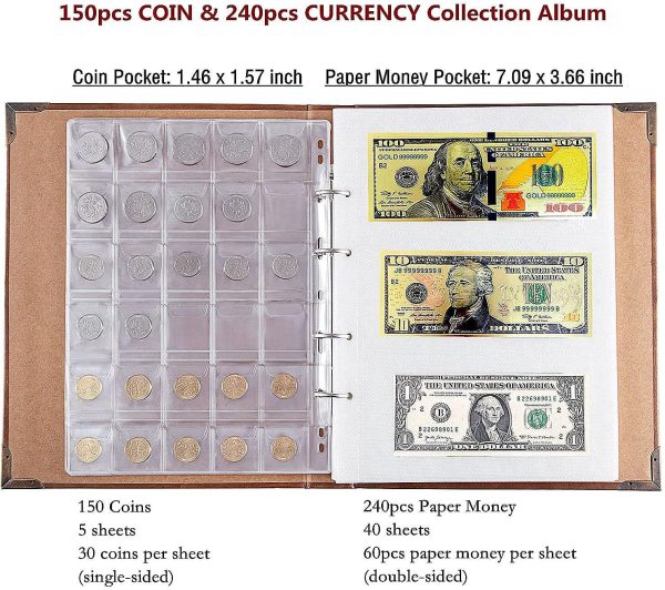 150 Pockets Coin/Bill Holder Album - 240 Pockets for Bills, 150 Pockets for Coins