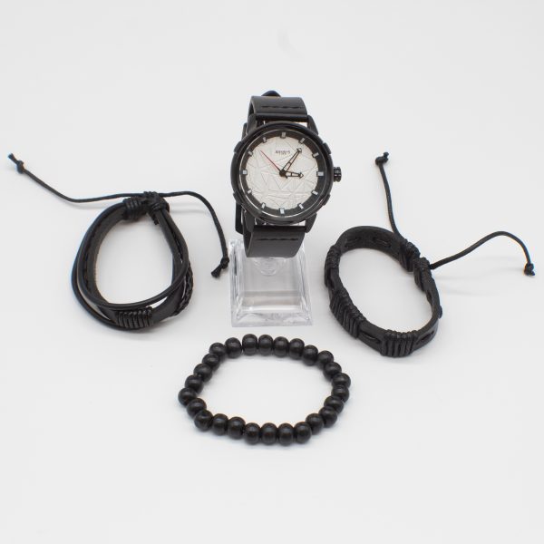 Round Pointer Quartz Watch & 3 Bracelets Mens Black