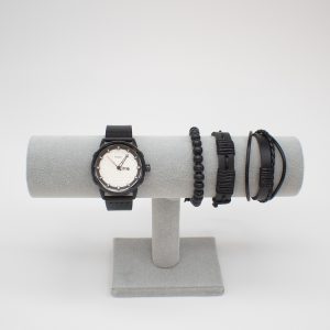 Round Pointer Quartz Watch & 3 Bracelets Mens Black