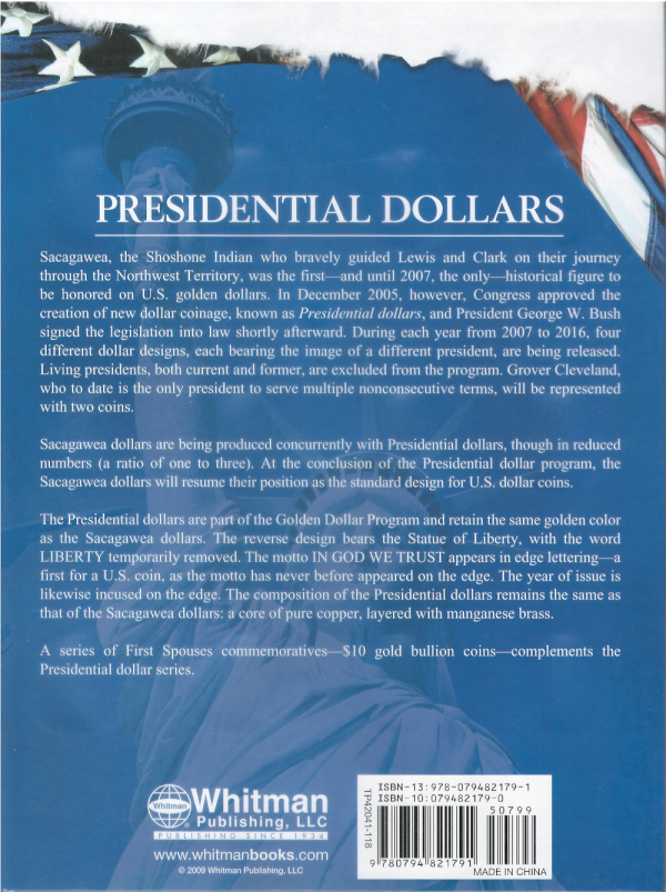 Presidential Dollars, 2007 to 2016 Whitman - Folder to hold or display your coins!