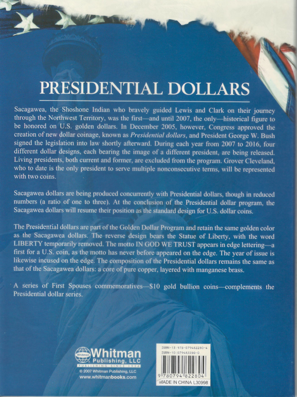 Presidential Dollars, Vol. 1, P and D Whitman - Folder to hold or display your coins!