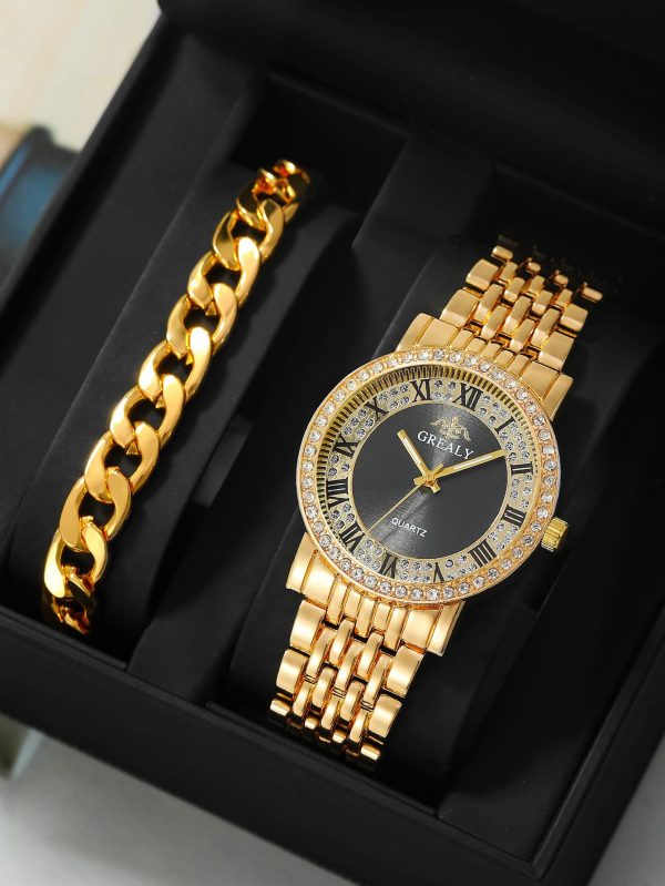 Rhinestone Quartz Watch & 1 Bracelet Mens