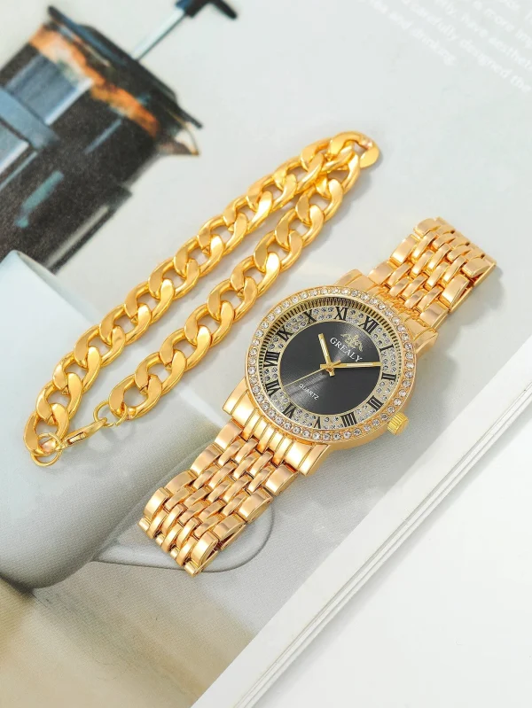 Rhinestone Quartz Watch & 1 Bracelet Mens