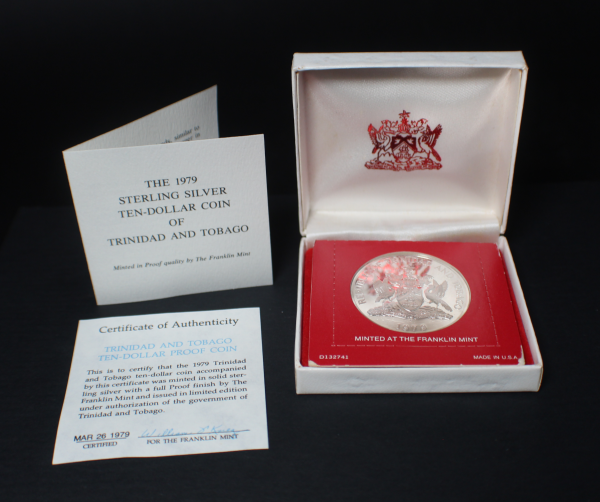 1979 $10 Republic of Trinidad & Tobago Silver Proof in Box & COA - 35 gm / Over 1 Troy oz Coin