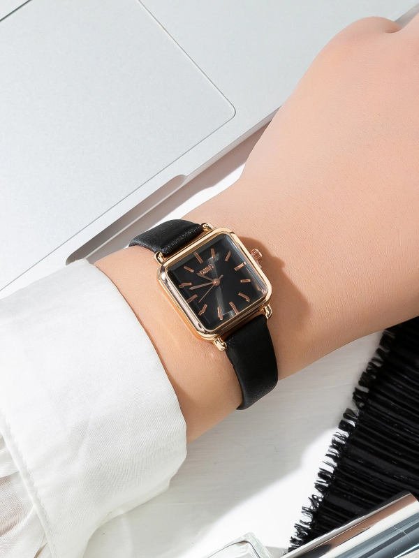 Dressy Square Pointer Quartz Watch! Womens Rose Gold & Black