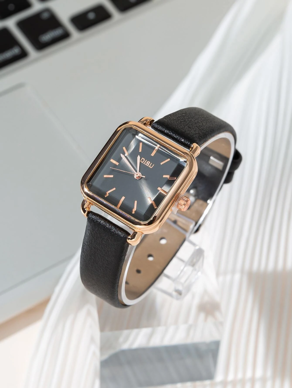 Dressy Square Pointer Quartz Watch! Womens Rose Gold & Black