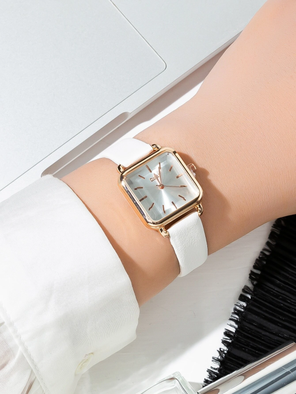 Classic Square Pointer Quartz Watch Womens Rose & White