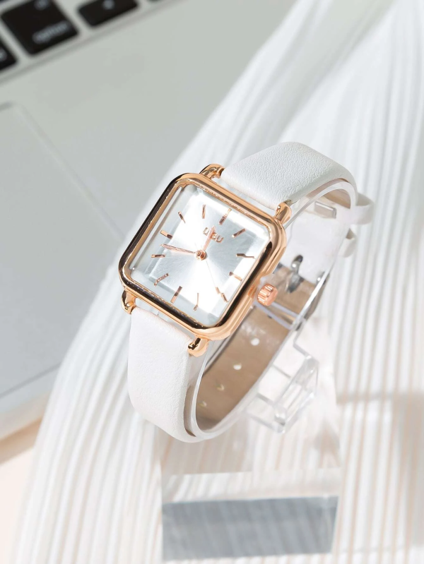 Classic Square Pointer Quartz Watch Womens Rose & White