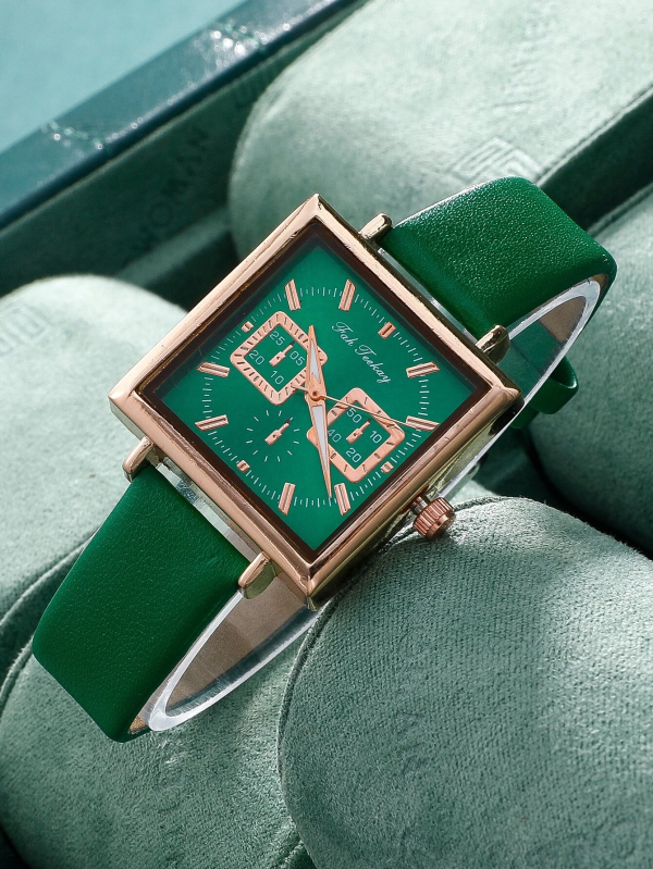 Classy Square Pointer Quartz Watch! Womens Dark Green