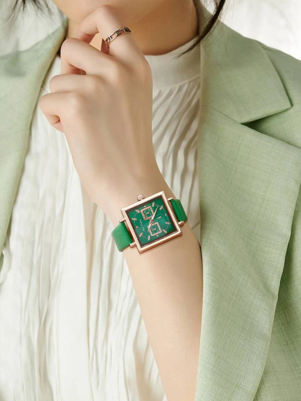 Classy Square Pointer Quartz Watch! Womens Dark Green