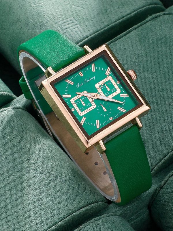 Classy Square Pointer Quartz Watch! Womens Dark Green