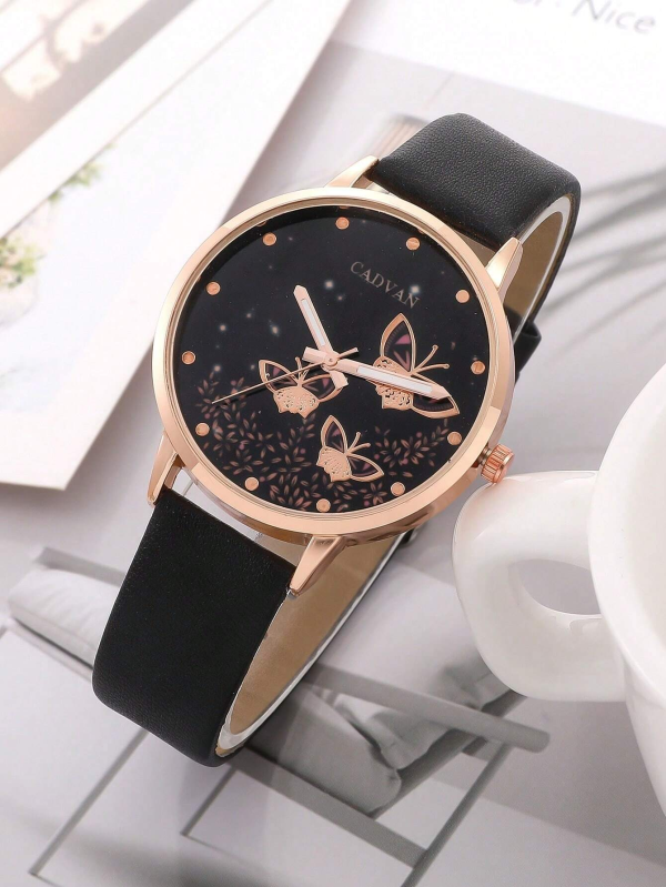 Classy looking Butterfly Round Quartz Watch Womens Rose Gold & Black