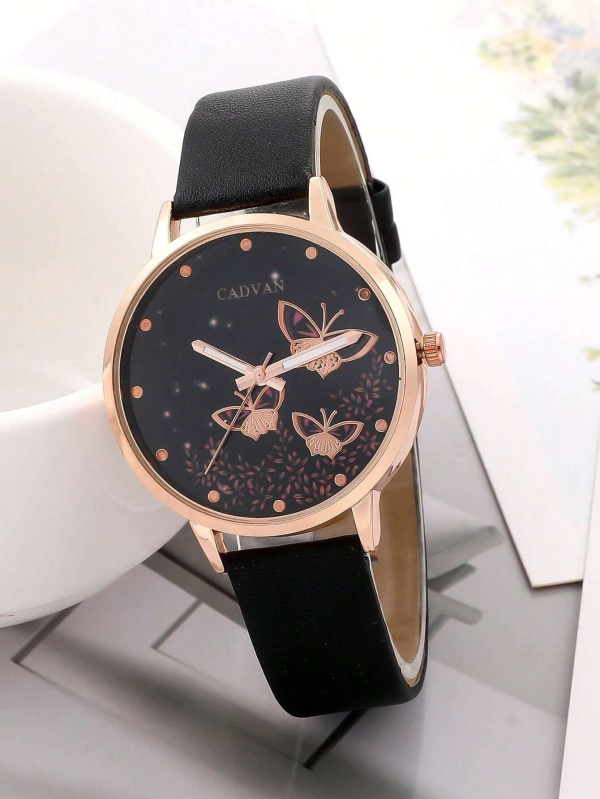 Classy looking Butterfly Round Quartz Watch Womens Rose Gold & Black