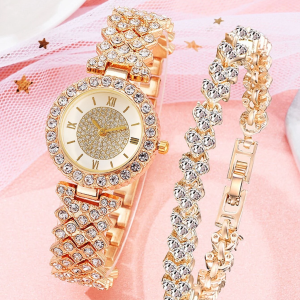 Classy Rhinestone Decor Quartz Watch & 1pc Bracelet! Womens Gold & Rhinestone