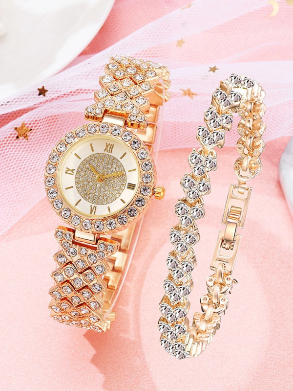 Classy Rhinestone Decor Quartz Watch & 1pc Bracelet! Womens Gold & Rhinestone