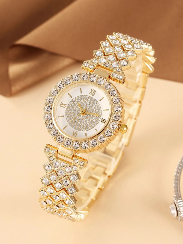 Classy Rhinestone Decor Quartz Watch & 1pc Bracelet! Womens Gold & Rhinestone