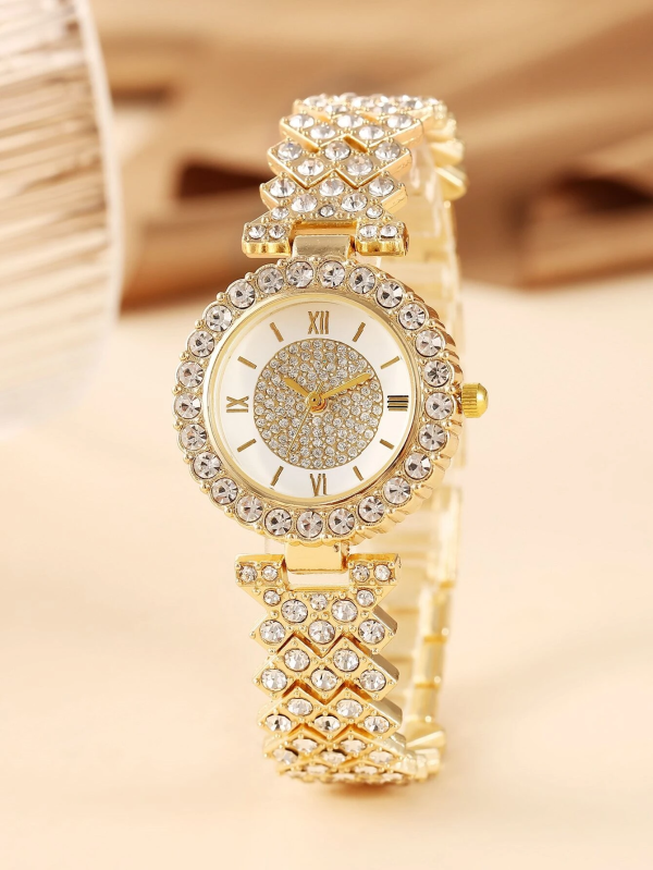 Classy Rhinestone Decor Quartz Watch & 1pc Bracelet! Womens Gold & Rhinestone