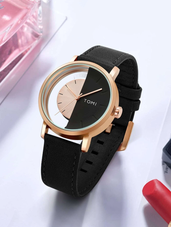 Classy Two Tone Dial Round Quartz Watch! Womens Tomi Black & Rose Gold Comes In a Dark Blue Gift Box