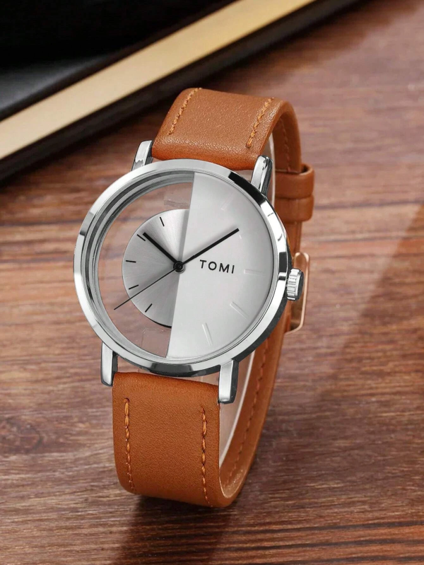 Round Dial Quartz Watch Tomi Silver & Brown