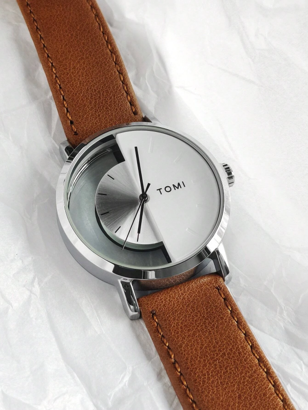 Round Dial Quartz Watch Tomi Silver & Brown