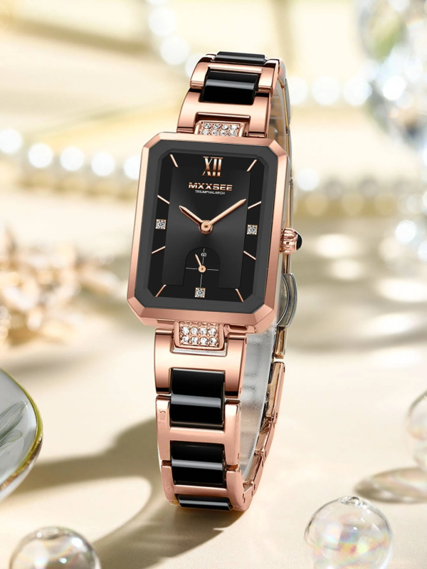 Rhinestone Decor Rectangle Quartz Watch! Womens Rose Gold & Black